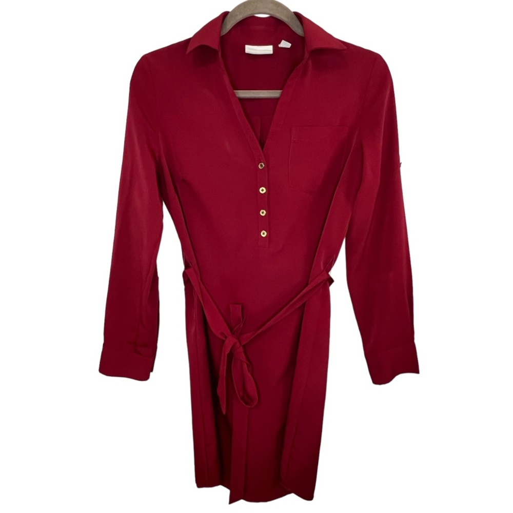 New York & Co maroon half button waist strap collar dress size XS *